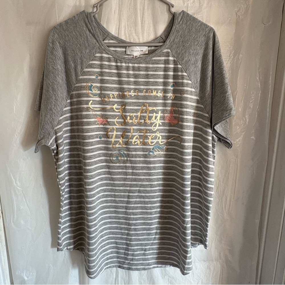 Exclusive One Gray Top Womens 2XL Striped Short Sleeve Lightweight Pullover Plus